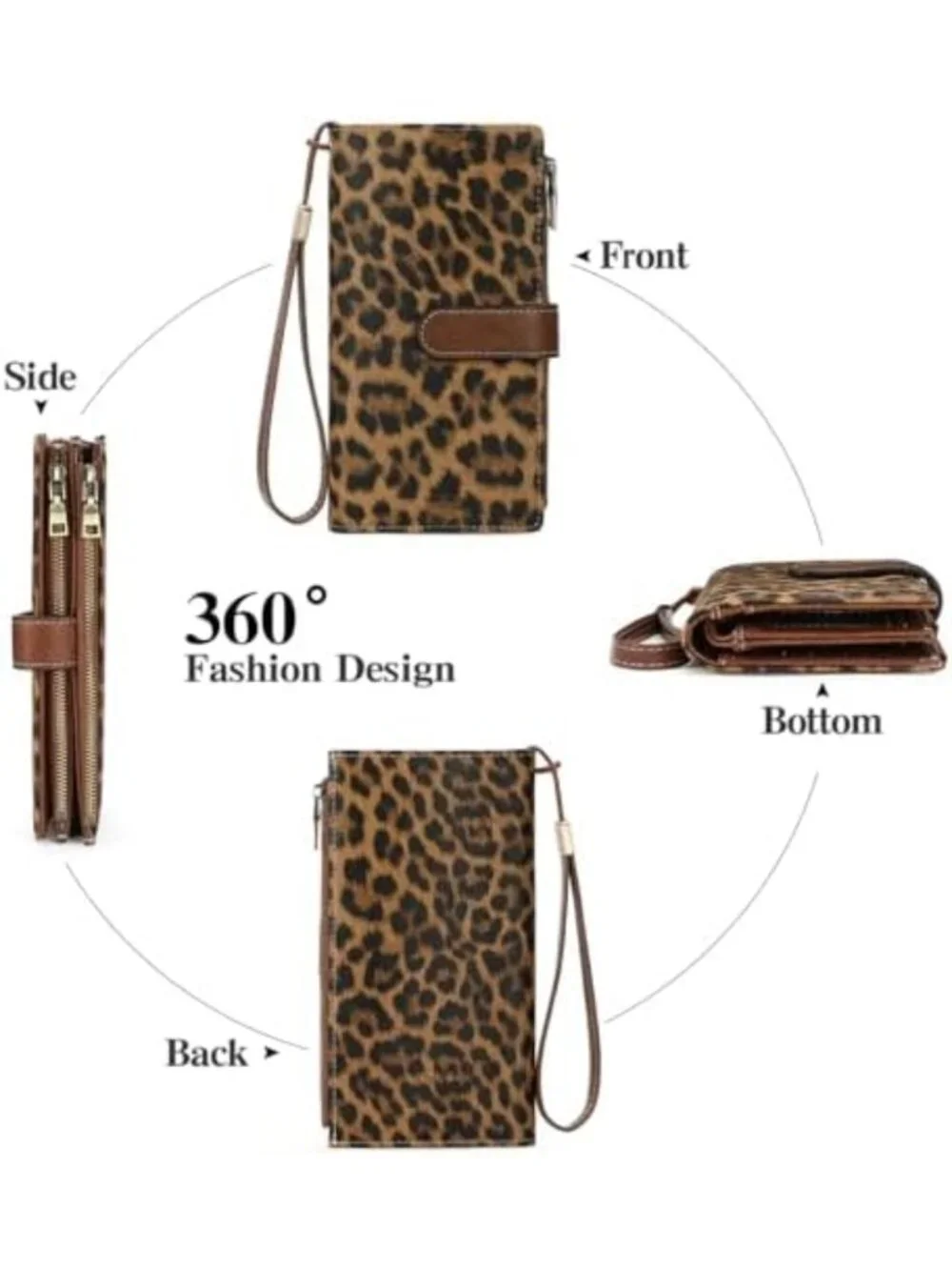Stylish Large Leather Wallet for Women - Leopard Print Wristlet Clutch, Chic